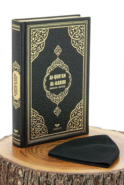Medium Size Holy Quran with German Translation & Kufi Hat | Gilded Islamic Gift Set for Prayer & Reflection - ihvan