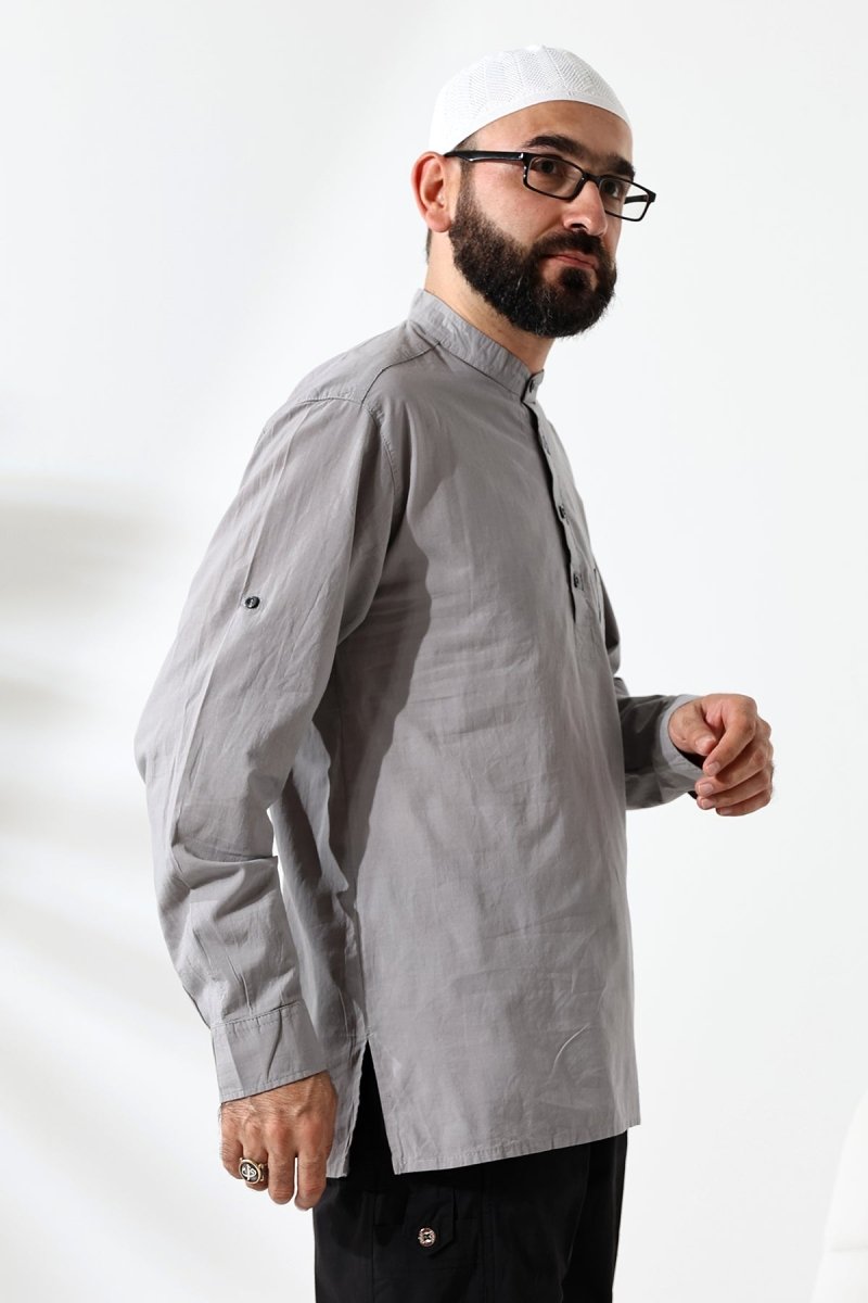 Men's 100% Cotton Voile Relaxed Fit Mandarin Collar Half Placket Grey Hajj Umrah Shirt - ihvan