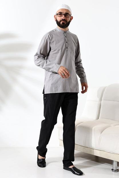 Men's 100% Cotton Voile Relaxed Fit Mandarin Collar Half Placket Grey Hajj Umrah Shirt - ihvan