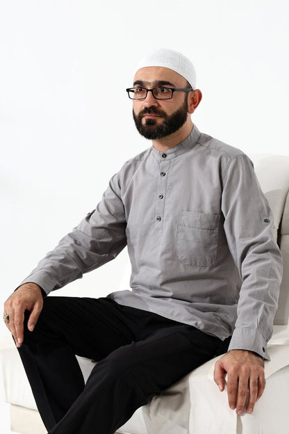 Men's 100% Cotton Voile Relaxed Fit Mandarin Collar Half Placket Grey Hajj Umrah Shirt - ihvan