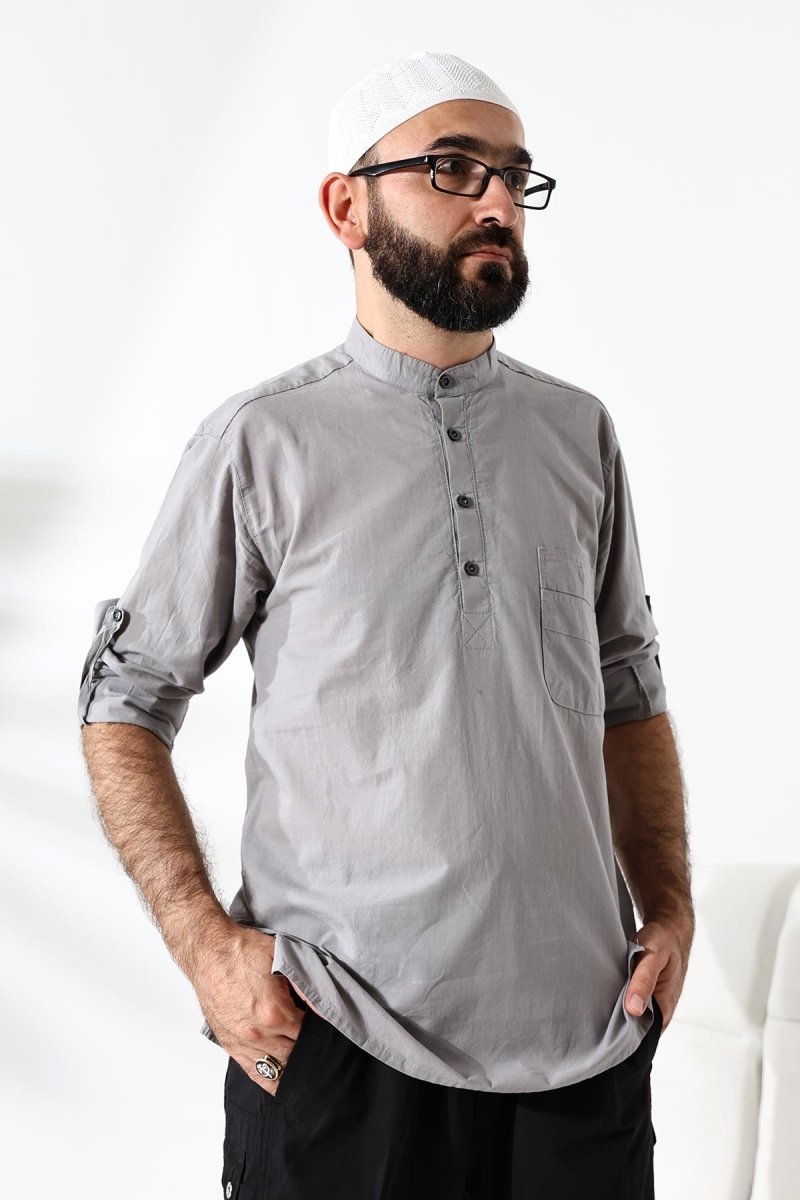 Men's 100% Cotton Voile Relaxed Fit Mandarin Collar Half Placket Grey Hajj Umrah Shirt - ihvan