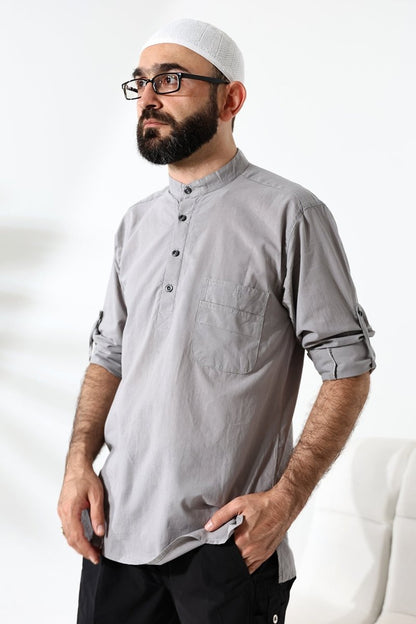 Men's 100% Cotton Voile Relaxed Fit Mandarin Collar Half Placket Grey Hajj Umrah Shirt - ihvan