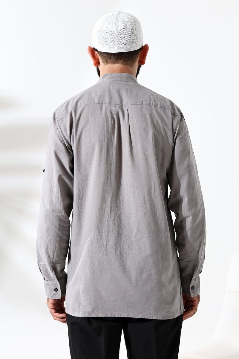 Men's 100% Cotton Voile Relaxed Fit Mandarin Collar Half Placket Grey Hajj Umrah Shirt - ihvan