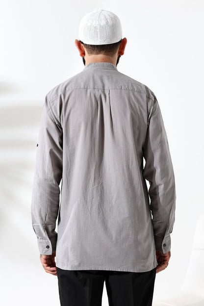 Men's 100% Cotton Voile Relaxed Fit Mandarin Collar Half Placket Grey Hajj Umrah Shirt - ihvan