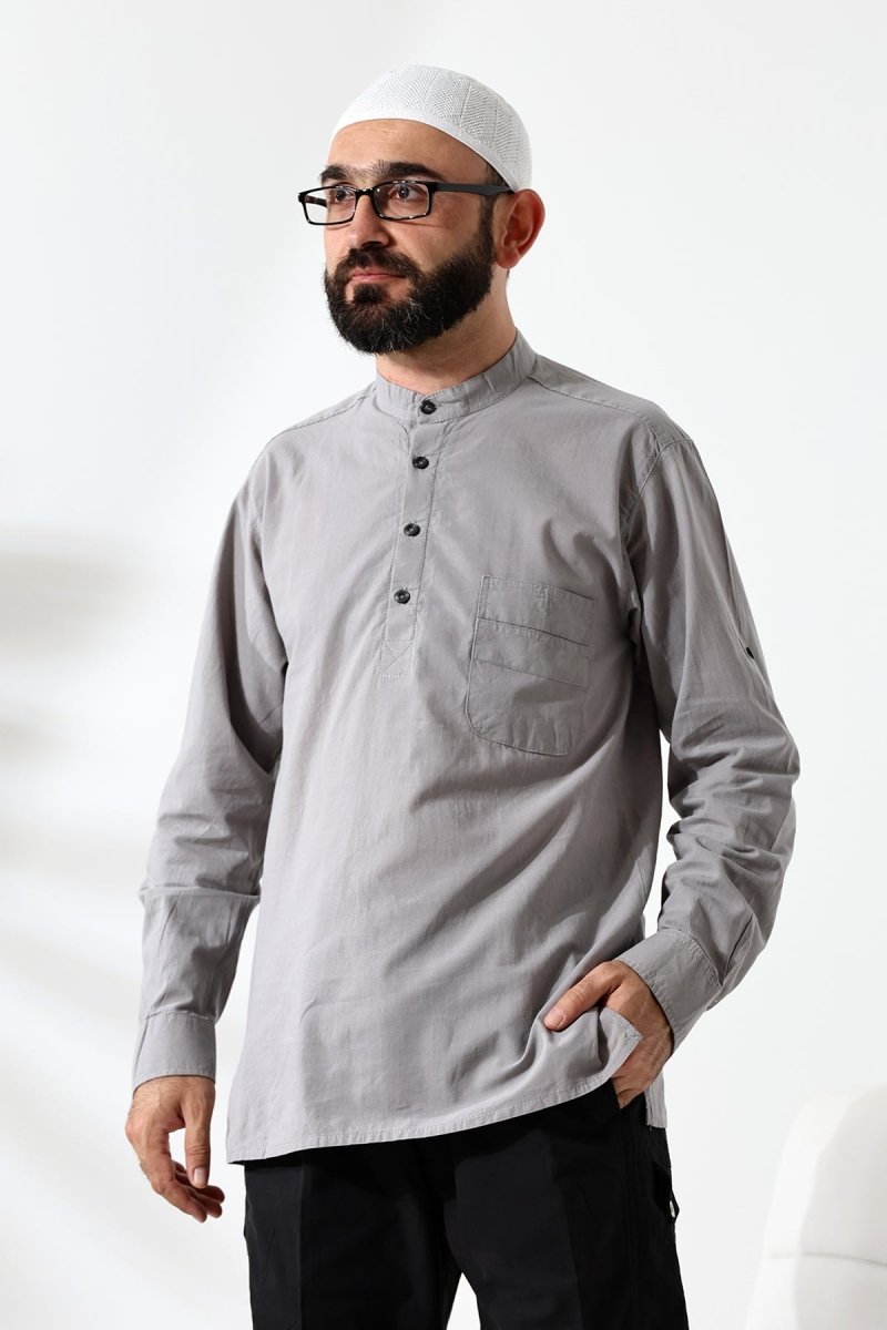 Men's 100% Cotton Voile Relaxed Fit Mandarin Collar Half Placket Grey Hajj Umrah Shirt - ihvan