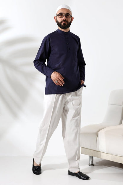 Men's 100% Cotton Voile Relaxed Fit Mandarin Collar Half Placket Navy Blue Hajj Umrah Shirt - ihvan
