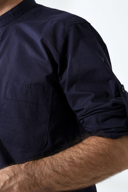 Men's 100% Cotton Voile Relaxed Fit Mandarin Collar Half Placket Navy Blue Hajj Umrah Shirt - ihvan