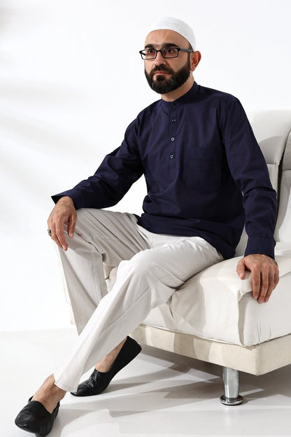Men's 100% Cotton Voile Relaxed Fit Mandarin Collar Half Placket Navy Blue Hajj Umrah Shirt - ihvan