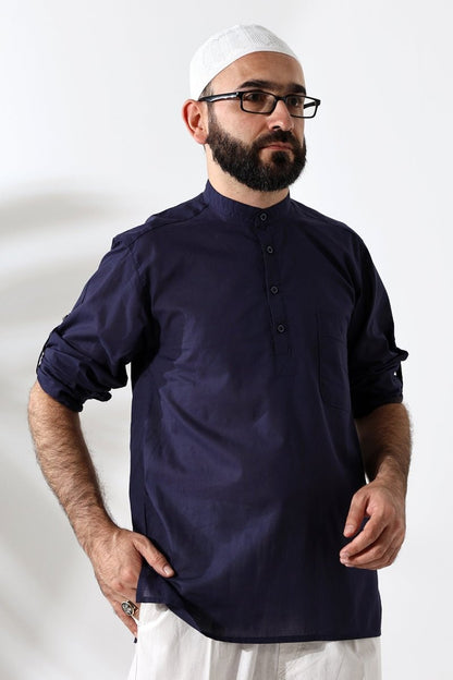 Men's 100% Cotton Voile Relaxed Fit Mandarin Collar Half Placket Navy Blue Hajj Umrah Shirt - ihvan