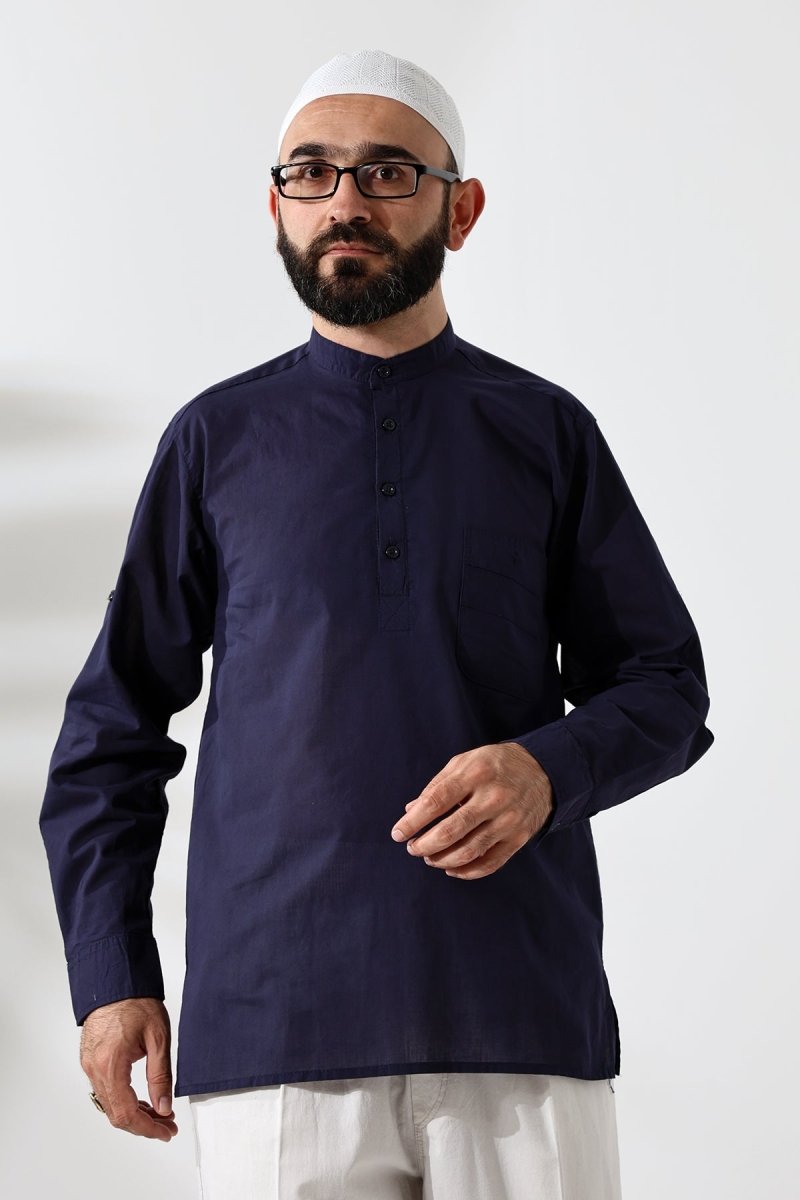 Men's 100% Cotton Voile Relaxed Fit Mandarin Collar Half Placket Navy Blue Hajj Umrah Shirt - ihvan