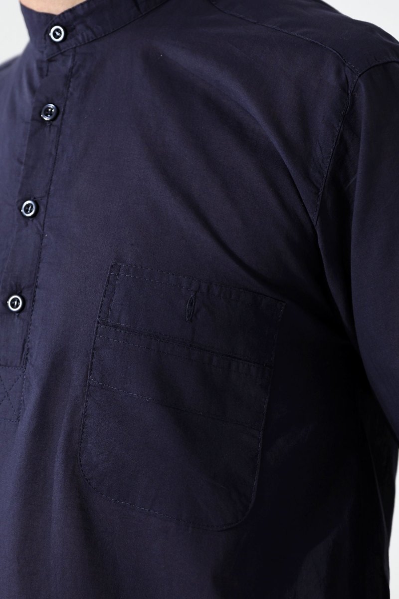 Men's 100% Cotton Voile Relaxed Fit Mandarin Collar Half Placket Navy Blue Hajj Umrah Shirt - ihvan