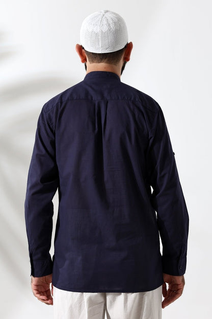 Men's 100% Cotton Voile Relaxed Fit Mandarin Collar Half Placket Navy Blue Hajj Umrah Shirt - ihvan