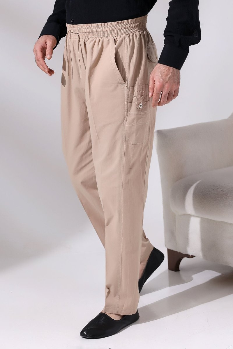 Men's Beige Çınar Beach Side Pocket Relaxed Fit Elastic Waist Cargo Pants - ihvan