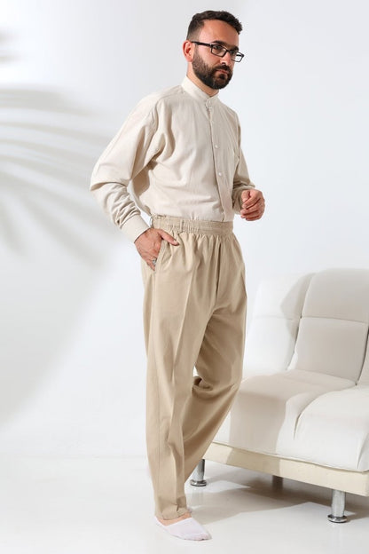 Men's Beige Relaxed Fit Linen Hajj and Umrah Harem Pants with Elastic Waistband - ihvan