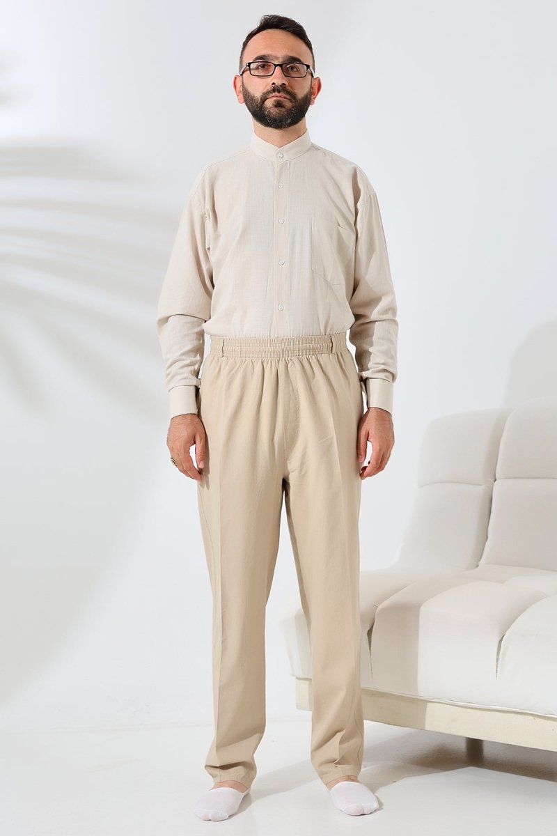 Men's Beige Relaxed Fit Linen Hajj and Umrah Harem Pants with Elastic Waistband - ihvan