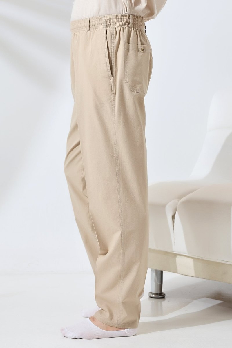 Men's Beige Relaxed Fit Linen Hajj and Umrah Harem Pants with Elastic Waistband - ihvan