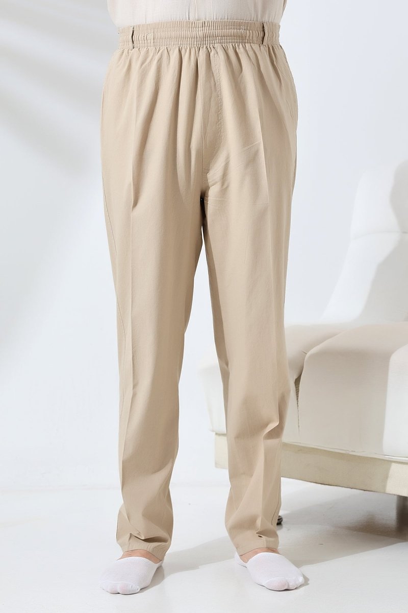 Men's Beige Relaxed Fit Linen Hajj and Umrah Harem Pants with Elastic Waistband - ihvan