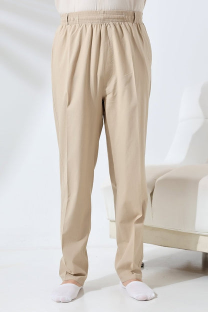 Men's Beige Relaxed Fit Linen Hajj and Umrah Harem Pants with Elastic Waistband - ihvan