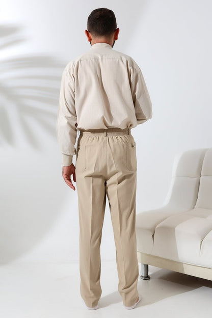 Men's Beige Relaxed Fit Linen Hajj and Umrah Harem Pants with Elastic Waistband - ihvan