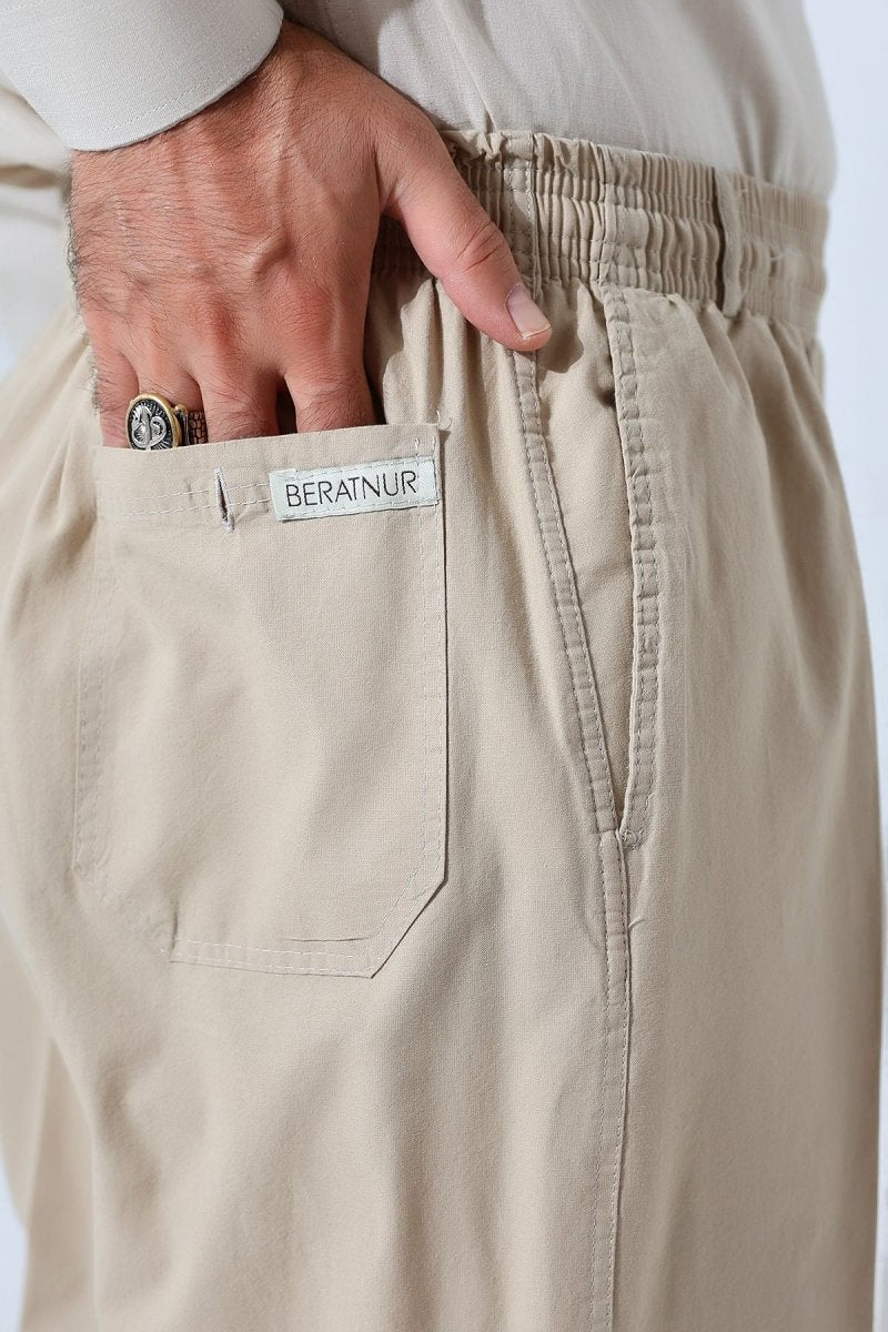 Men's Beige Relaxed Fit Linen Hajj and Umrah Harem Pants with Elastic Waistband - ihvan