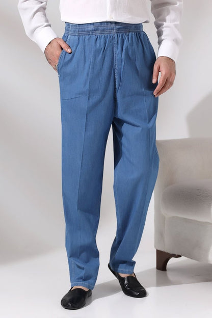 Men's Blue Maple Elastic Waist Relaxed Fit Denim Harem Pants - ihvan