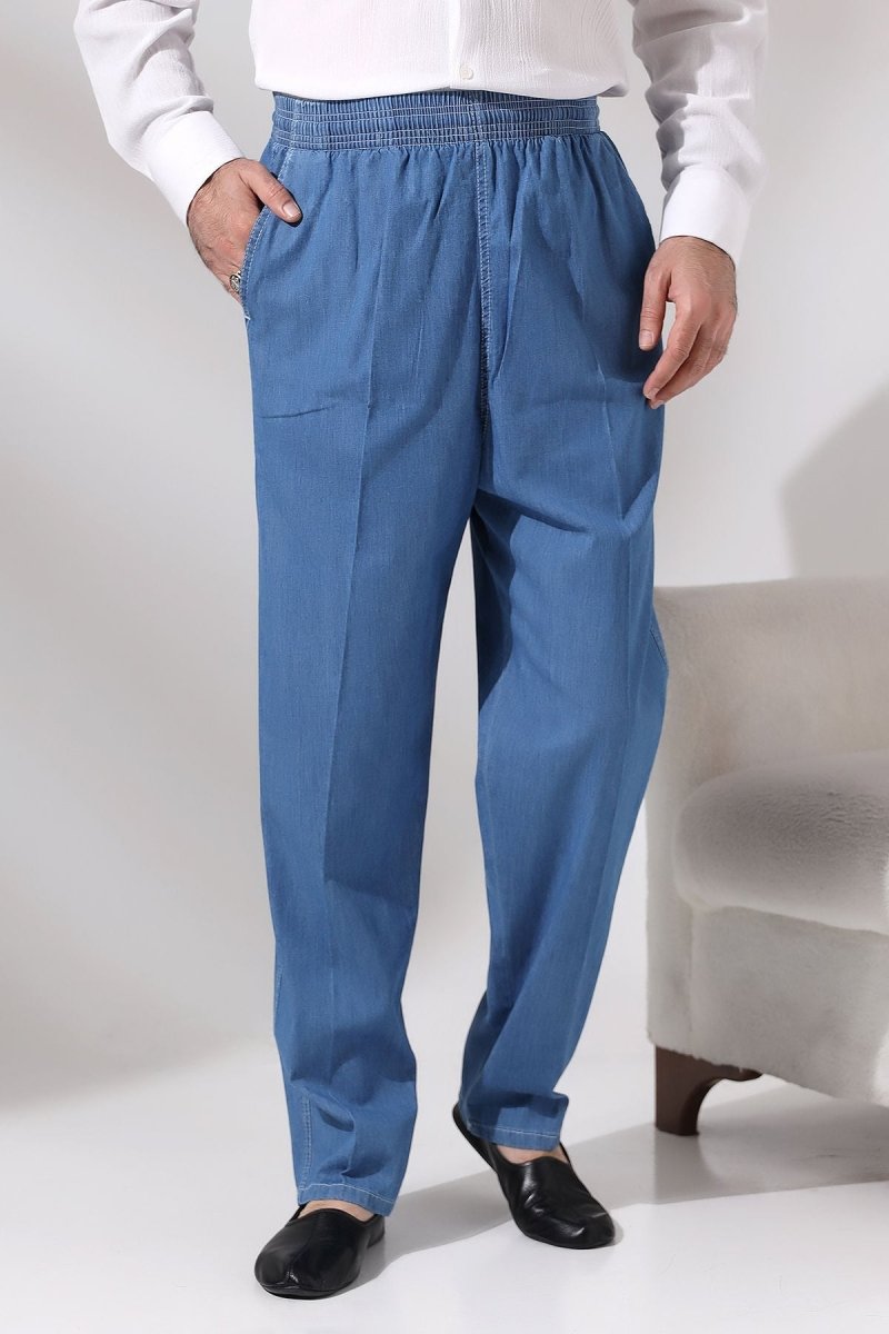 Men's Blue Maple Elastic Waist Relaxed Fit Denim Harem Pants - ihvan
