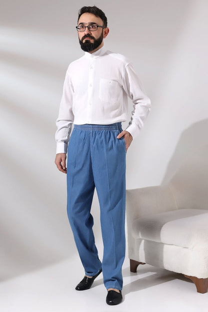 Men's Blue Maple Elastic Waist Relaxed Fit Denim Harem Pants - ihvan
