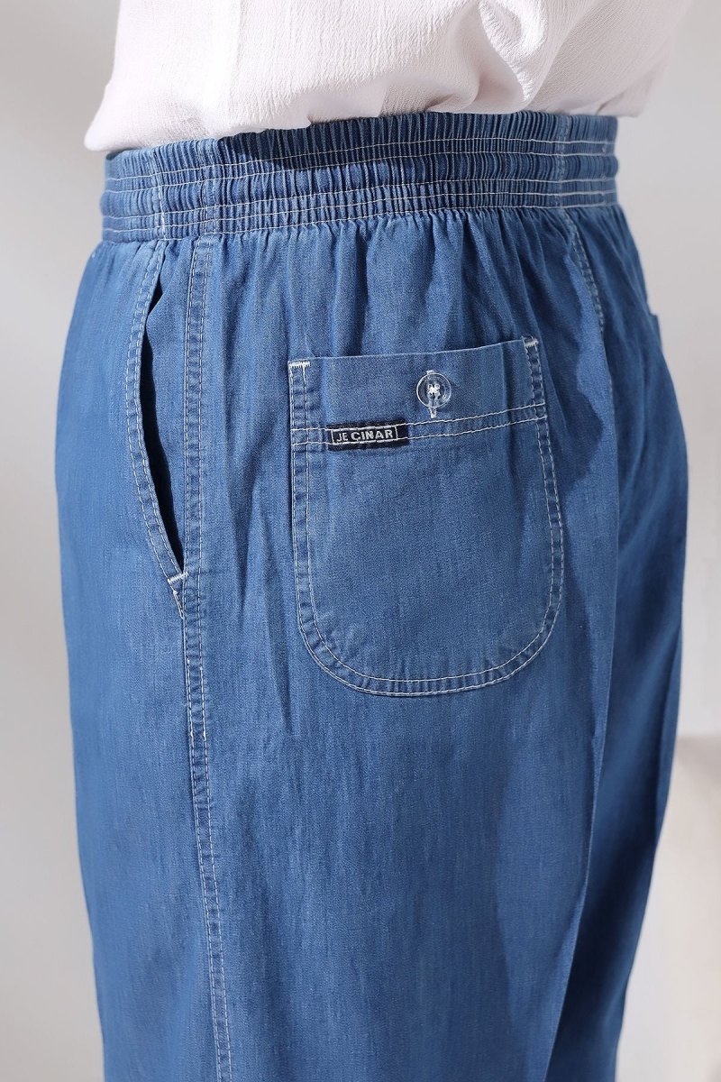 Men's Blue Maple Elastic Waist Relaxed Fit Denim Harem Pants - ihvan