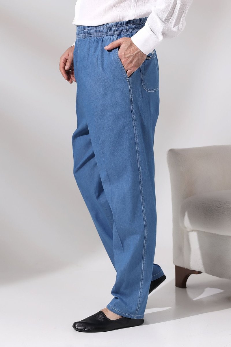 Men's Blue Maple Elastic Waist Relaxed Fit Denim Harem Pants - ihvan