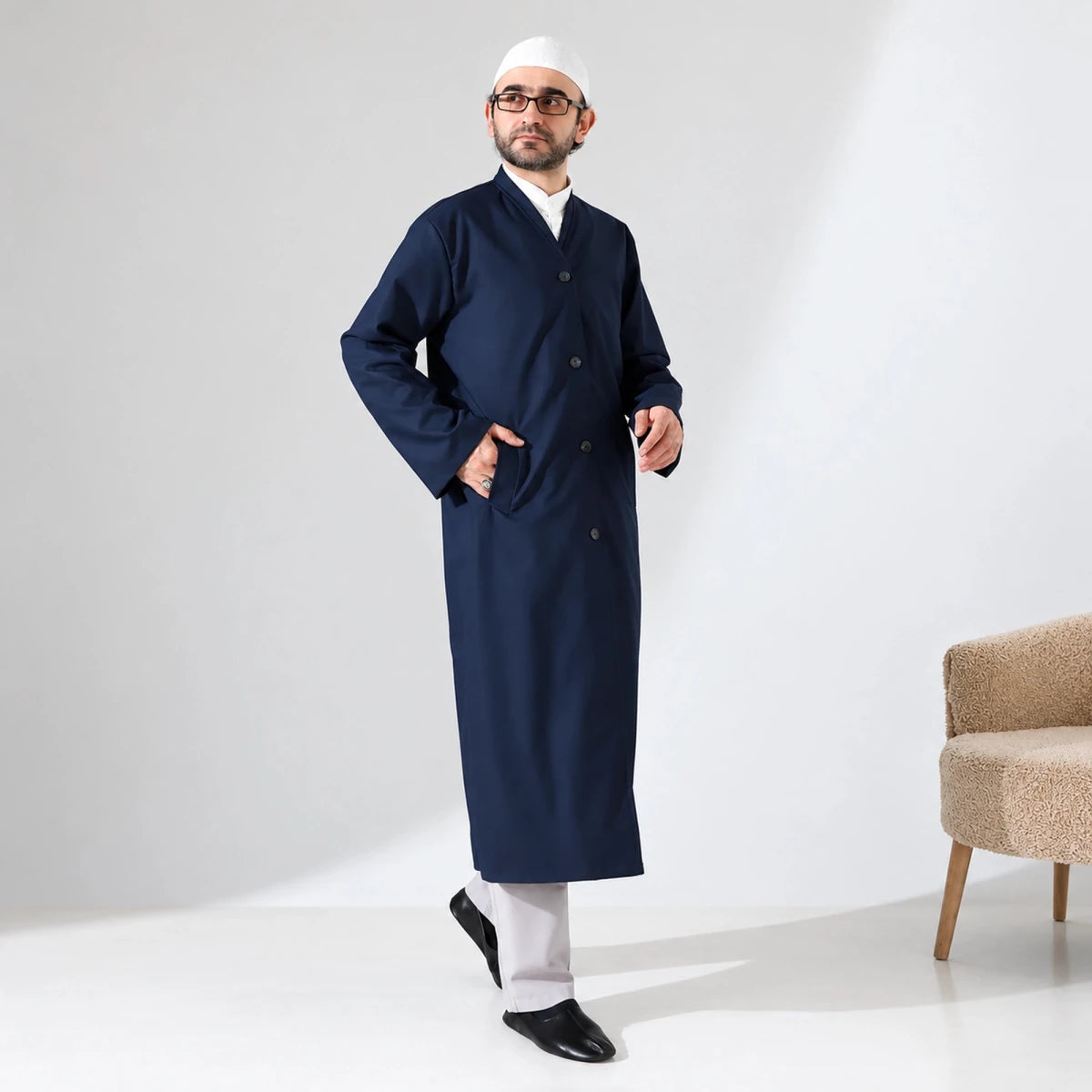 Men’s Bukhara Collar Jubbah – Half-Lined Buttoned Islamic Robe - ihvan