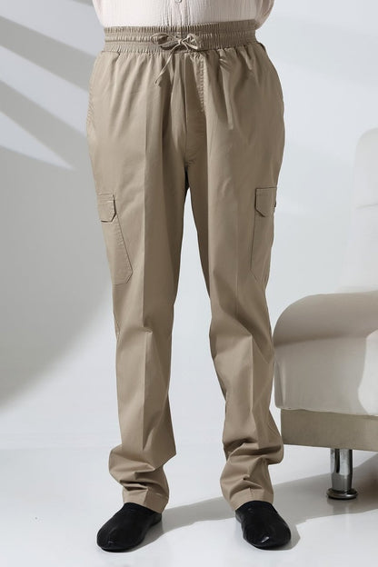 Men's Çınar Side Pocket, Elastic Waist Hajj and Umrah Cargo Pants, Beige - ihvan
