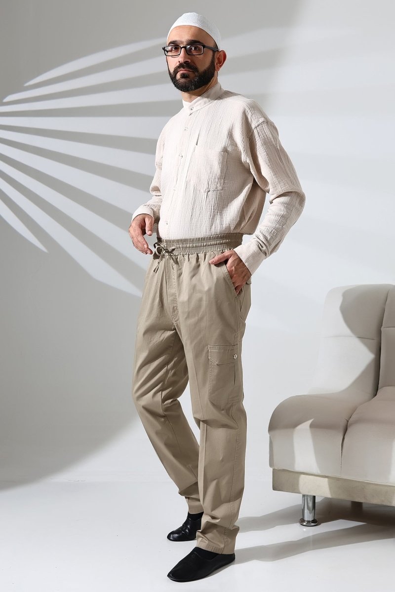 Men's Çınar Side Pocket, Elastic Waist Hajj and Umrah Cargo Pants, Beige - ihvan
