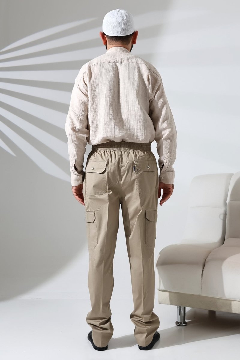 Men's Çınar Side Pocket, Elastic Waist Hajj and Umrah Cargo Pants, Beige - ihvan