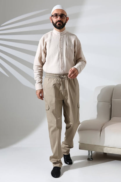 Men's Çınar Side Pocket, Elastic Waist Hajj and Umrah Cargo Pants, Beige - ihvan
