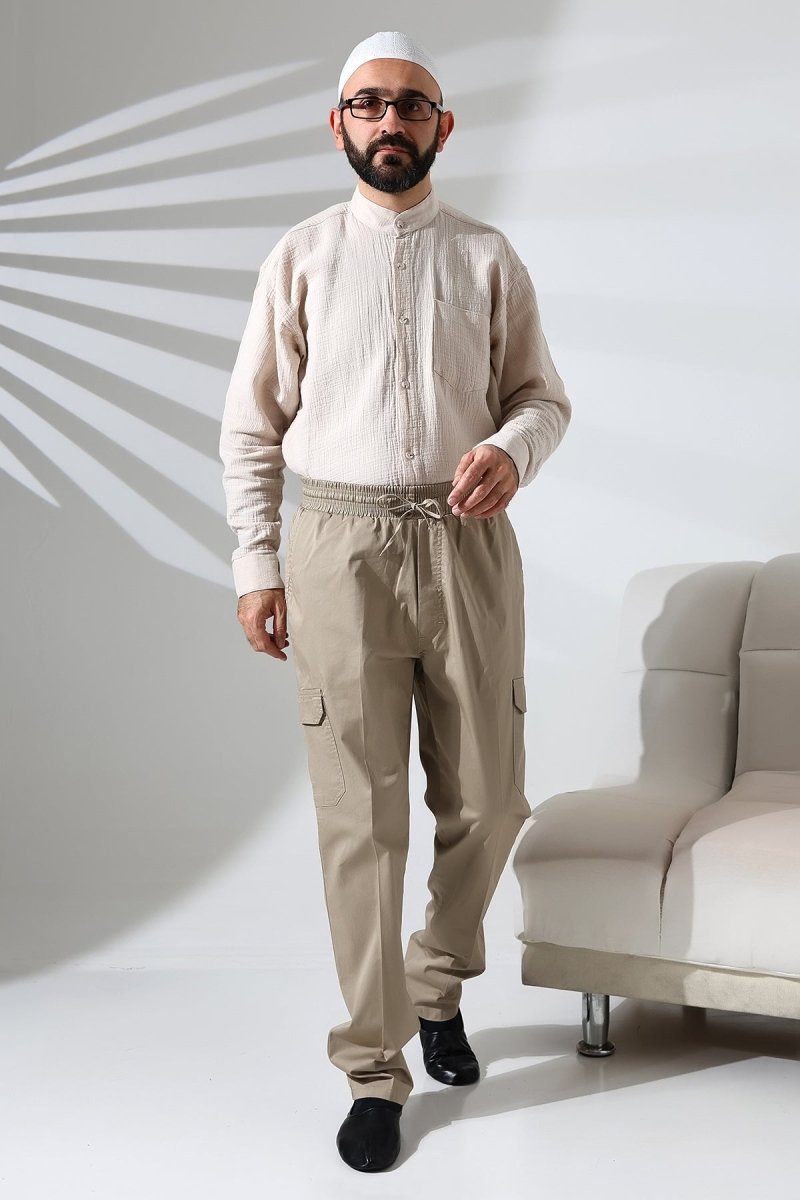 Men's Çınar Side Pocket, Elastic Waist Hajj and Umrah Cargo Pants, Beige - ihvan