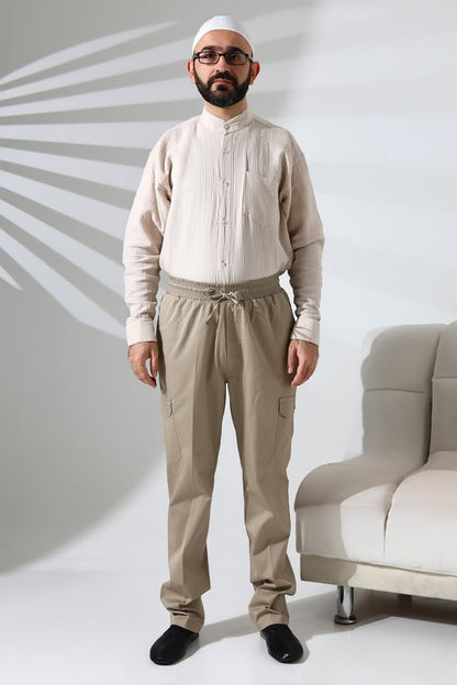 Men's Çınar Side Pocket, Elastic Waist Hajj and Umrah Cargo Pants, Beige - ihvan