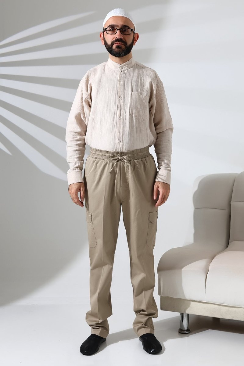 Men's Çınar Side Pocket, Elastic Waist Hajj and Umrah Cargo Pants, Beige - ihvan
