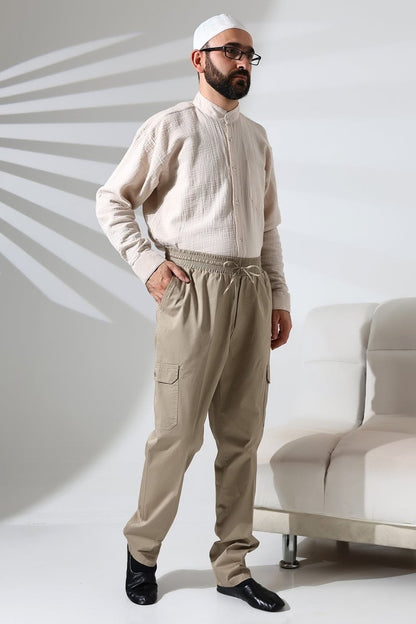Men's Çınar Side Pocket, Elastic Waist Hajj and Umrah Cargo Pants, Beige - ihvan
