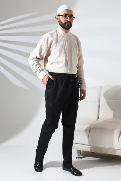 Men's Çınar Side Pocket, Elastic Waist Hajj and Umrah Cargo Pants, Black - ihvan