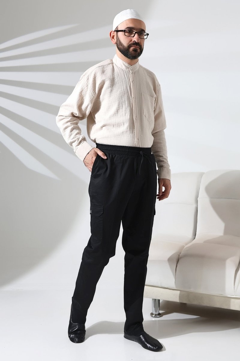 Men's Çınar Side Pocket, Elastic Waist Hajj and Umrah Cargo Pants, Black - ihvan