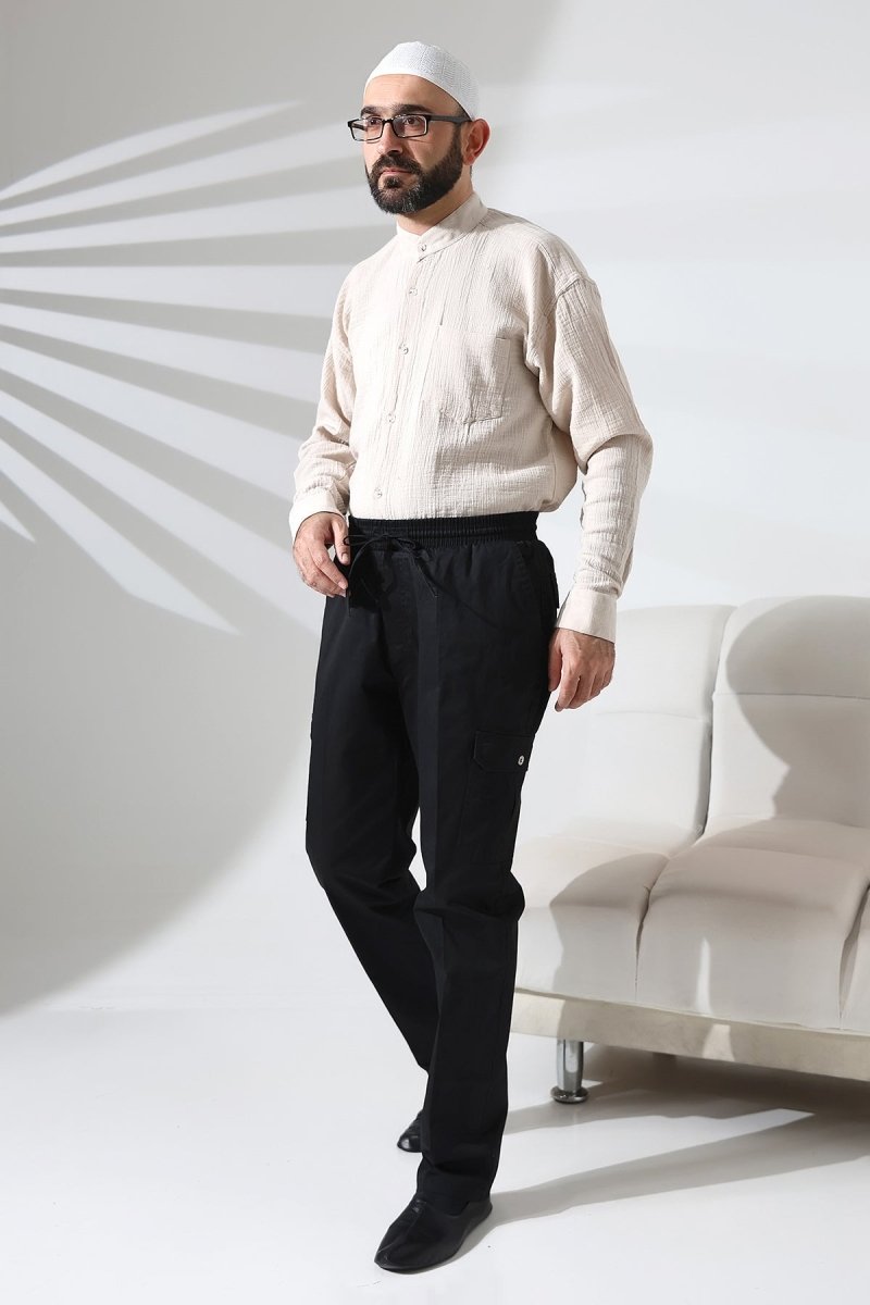 Men's Çınar Side Pocket, Elastic Waist Hajj and Umrah Cargo Pants, Black - ihvan
