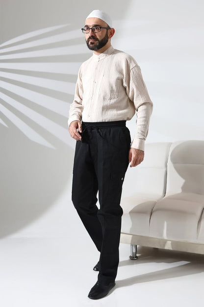Men's Çınar Side Pocket, Elastic Waist Hajj and Umrah Cargo Pants, Black - ihvan