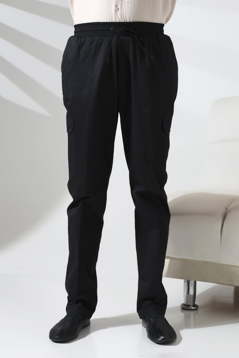 Men's Çınar Side Pocket, Elastic Waist Hajj and Umrah Cargo Pants, Black - ihvan