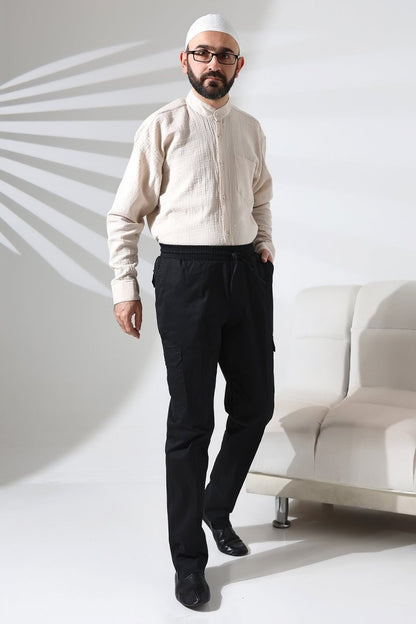 Men's Çınar Side Pocket, Elastic Waist Hajj and Umrah Cargo Pants, Black - ihvan