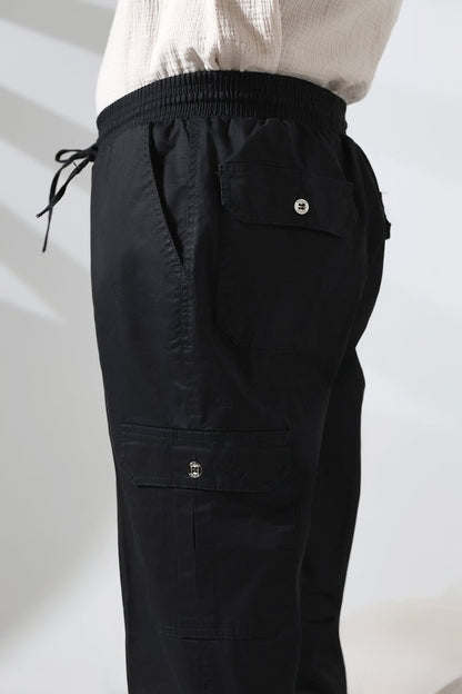 Men's Çınar Side Pocket, Elastic Waist Hajj and Umrah Cargo Pants, Black - ihvan