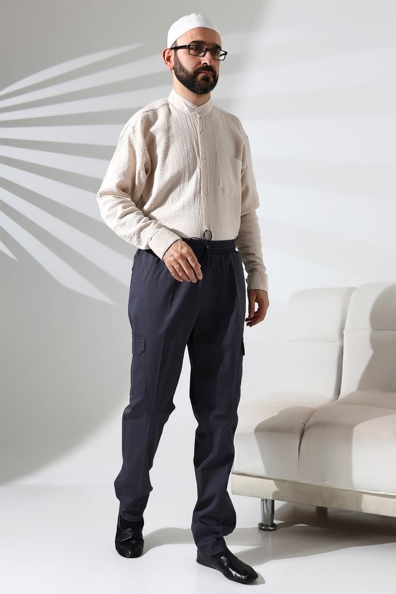 Men's Çınar Side Pocket, Elastic Waist Hajj and Umrah Cargo Pants, Dark Gray - ihvan