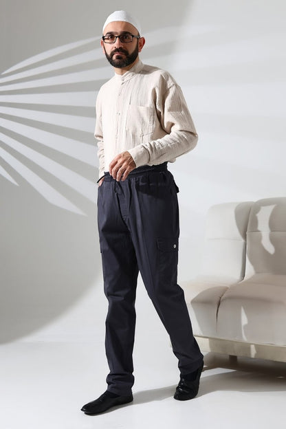 Men's Çınar Side Pocket, Elastic Waist Hajj and Umrah Cargo Pants, Dark Gray - ihvan