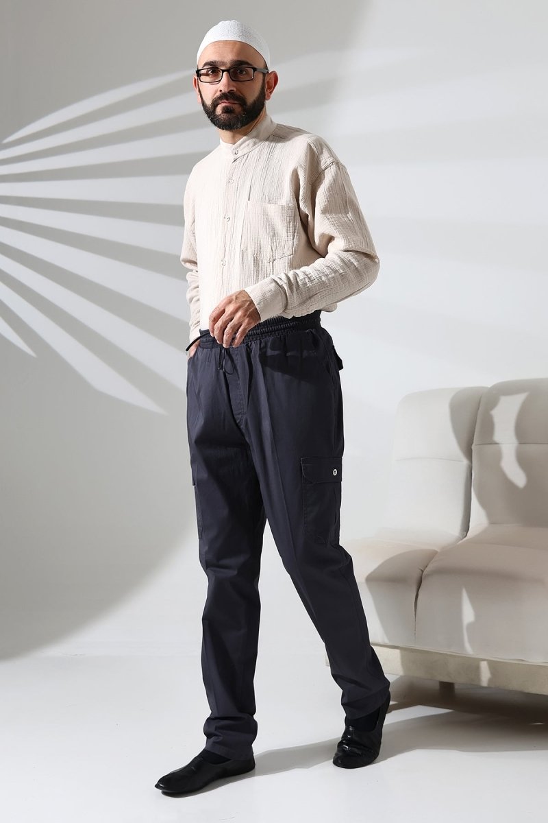 Men's Çınar Side Pocket, Elastic Waist Hajj and Umrah Cargo Pants, Dark Gray - ihvan