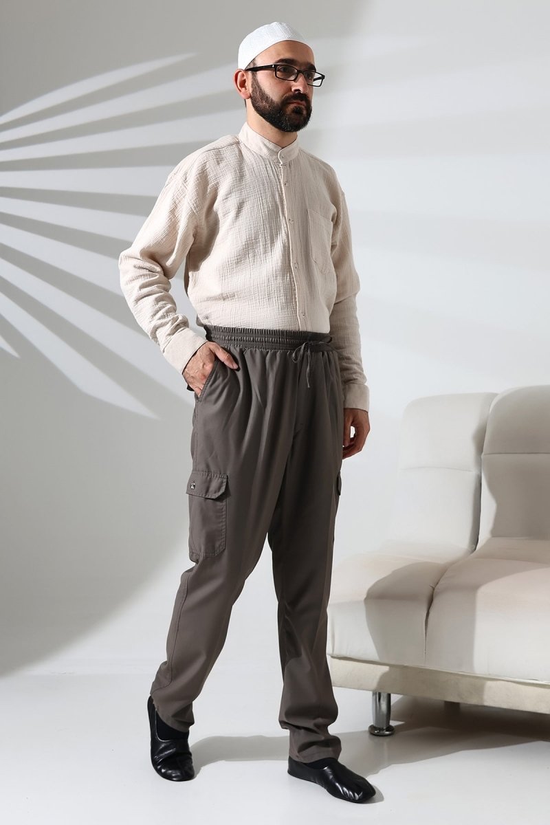 Men's Çınar Side Pocket, Elastic Waist Hajj and Umrah Cargo Pants, Earth - ihvan