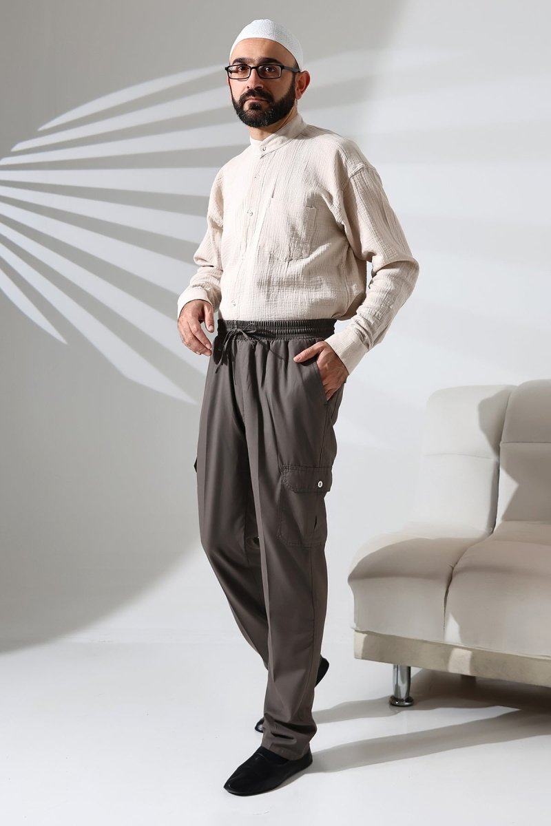 Men's Çınar Side Pocket, Elastic Waist Hajj and Umrah Cargo Pants, Earth - ihvan